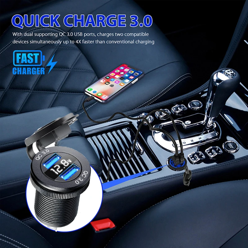 QC3.0 Dual USB Fast Charger Socket Waterproof Power Outlet Adapter with LED Digital Voltmeter for 12V/24V Car Boat Marine