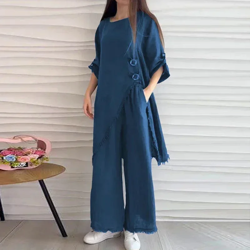 

Spring O Neck Top Pullover+Wide Leg Pants Outfits Autumn Long Sleeve Loose 2pcs Suit Vintage Solid Half Sleeve Irregular Suits