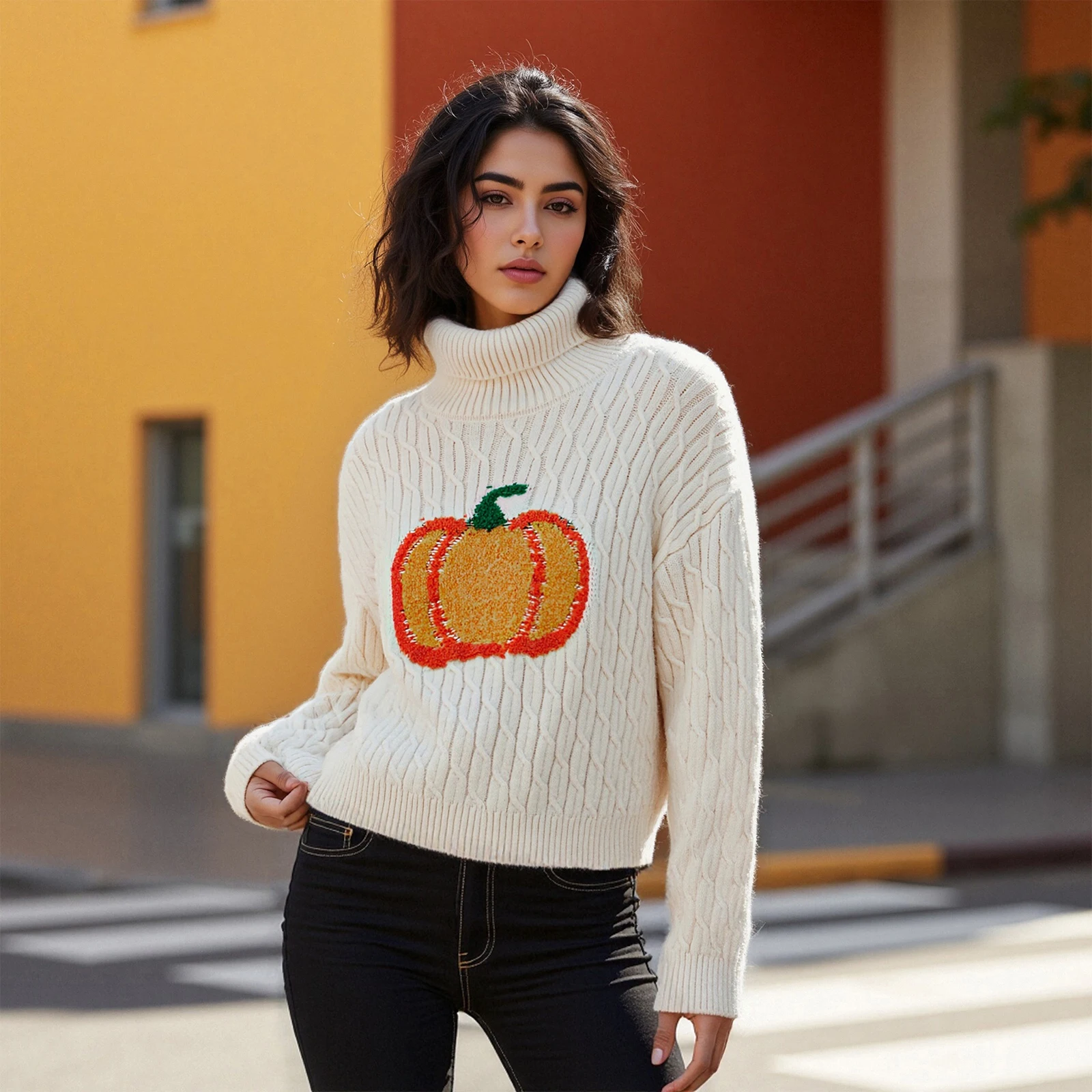 New Fashion Womens Turtleneck Sweater Fashionable Casual Pumpkin Embroidery Long Sleeve Loose Knit Tops Hot Sale S M L
