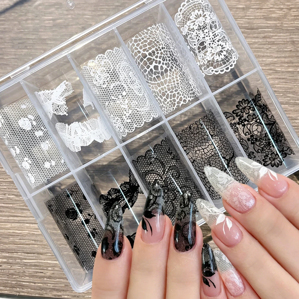 10 Rollen 4 x 50 cm schwarz weiß Spitze Transfer Nagel Aufkleber Sexy Blume Spitze Nail Art Transfer Folien Papier für DIY Maniküre Aufkleber * @ #