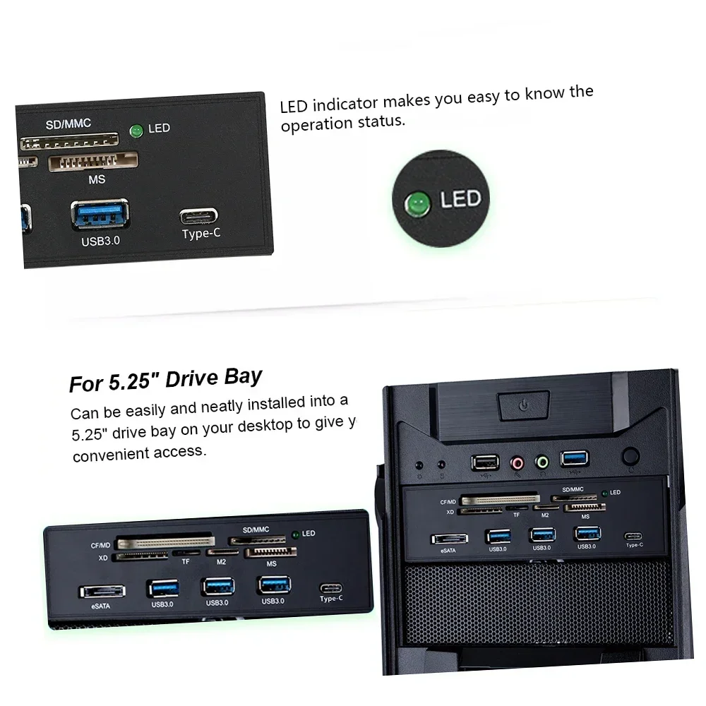 Wielofunkcyjny komputerowy czytnik kart Media Dashboard PC Panel przedni Type-C USB 3.1 USB 3.0 Obsługa czytników CF MD XD MMC TF M2 MS