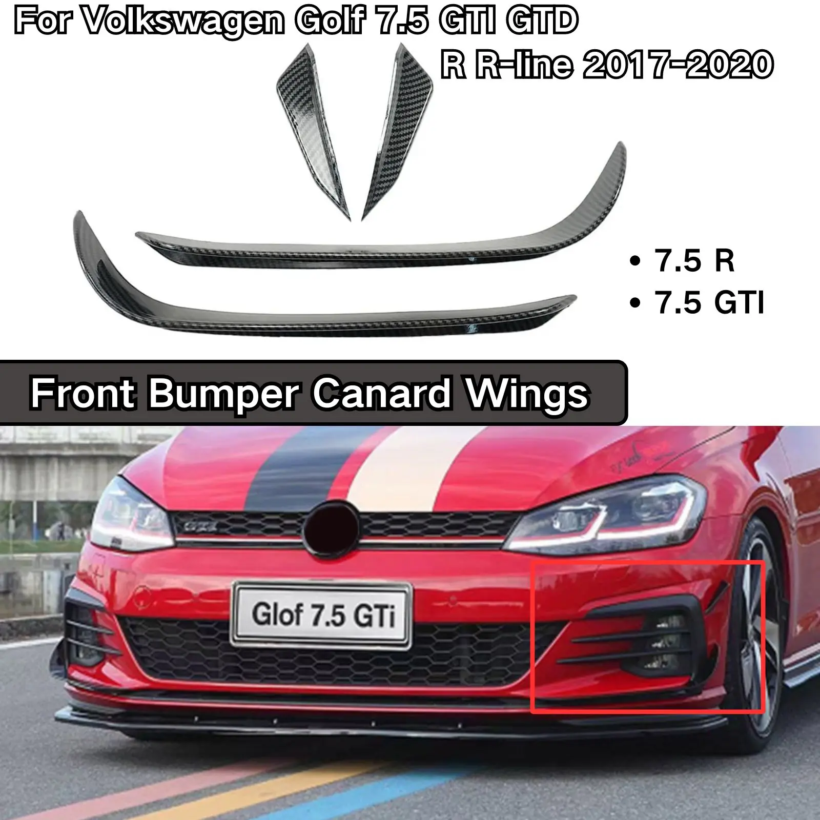 

For Volkswagen Golf 7.5 GTI GTD R R-line 2017-2020 Front Bumper Canard Wings Carbon Fiber Look Glossy Black Body Kit A Pair