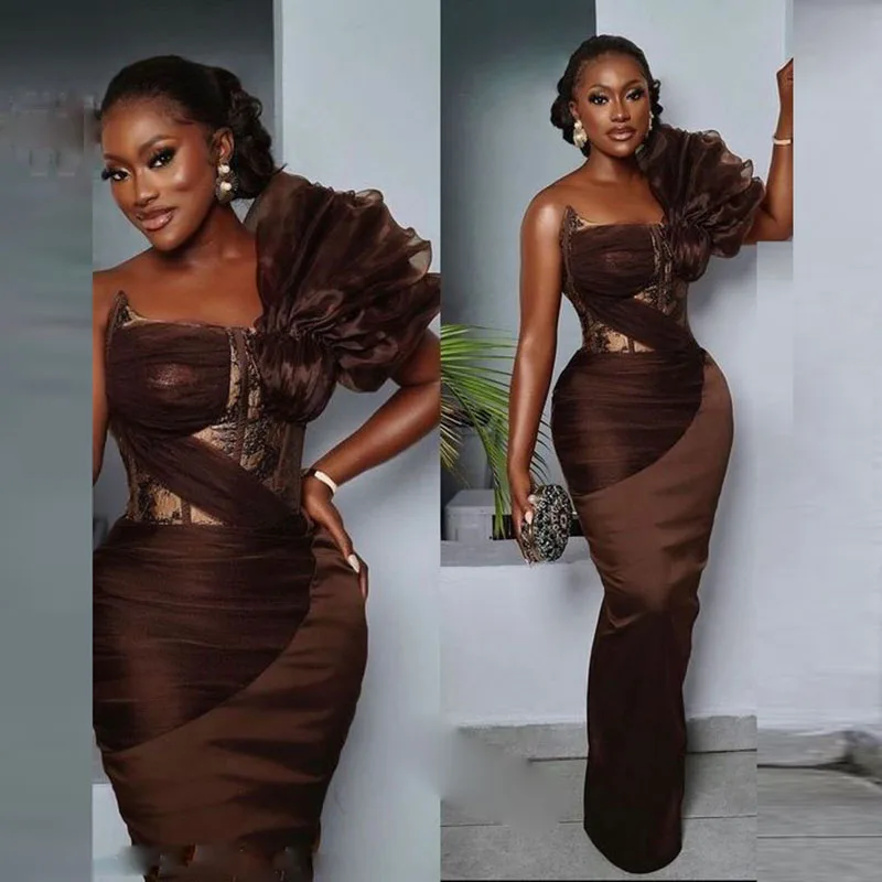 Chocolate Color Aso Ebi Prom Dresses One Shoulder Black Girls Mermaid Evening Gowns Ruffles Women Formal Ocaasion Party Dress