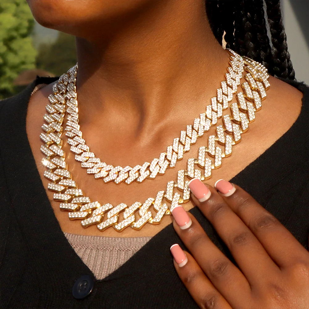 Luxuriöse Cuban-Link-Halskette für Männer und Frauen, Gold- und Silberfarben, mit Strass besetzt, Hip-Hop-Bling-Straßenschmuck, Geschenk – Detail 4