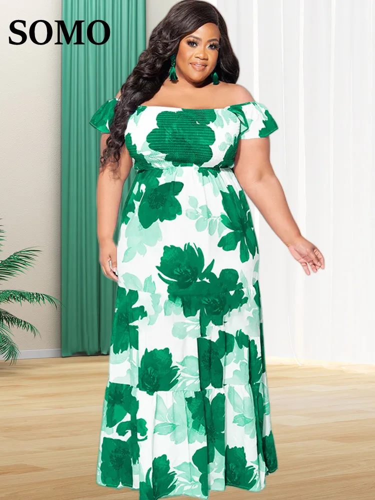 

SOMO Plus Size New In Dresses Women Summer Flower Printed Off Shoulder Big Hem Long Length Maxi Dress Wholesale Dropshipping