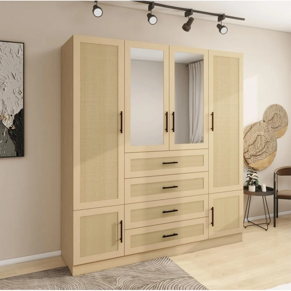 

71" H Wardrobe Closet, 3 Doors Armoire Wardrobe Closet with Shelve, Rattan Wardrobe Cabinet with Drawers, Closet Cabinet