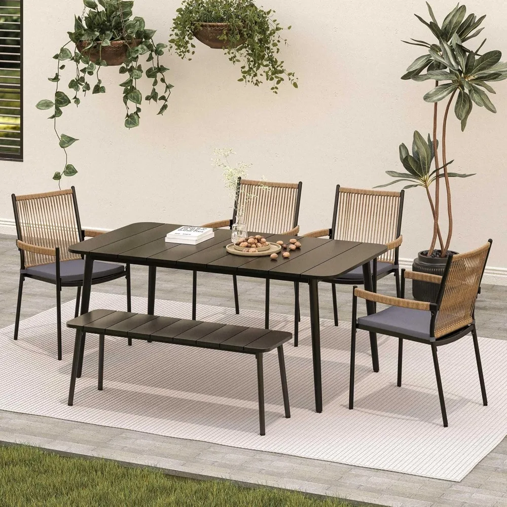 Ensemble de salle à manger d'extérieur 6 pièces, ensemble table à manger et chaises d'extérieur en rotin avec table en métal et trou pour parasol, mobilier de patio