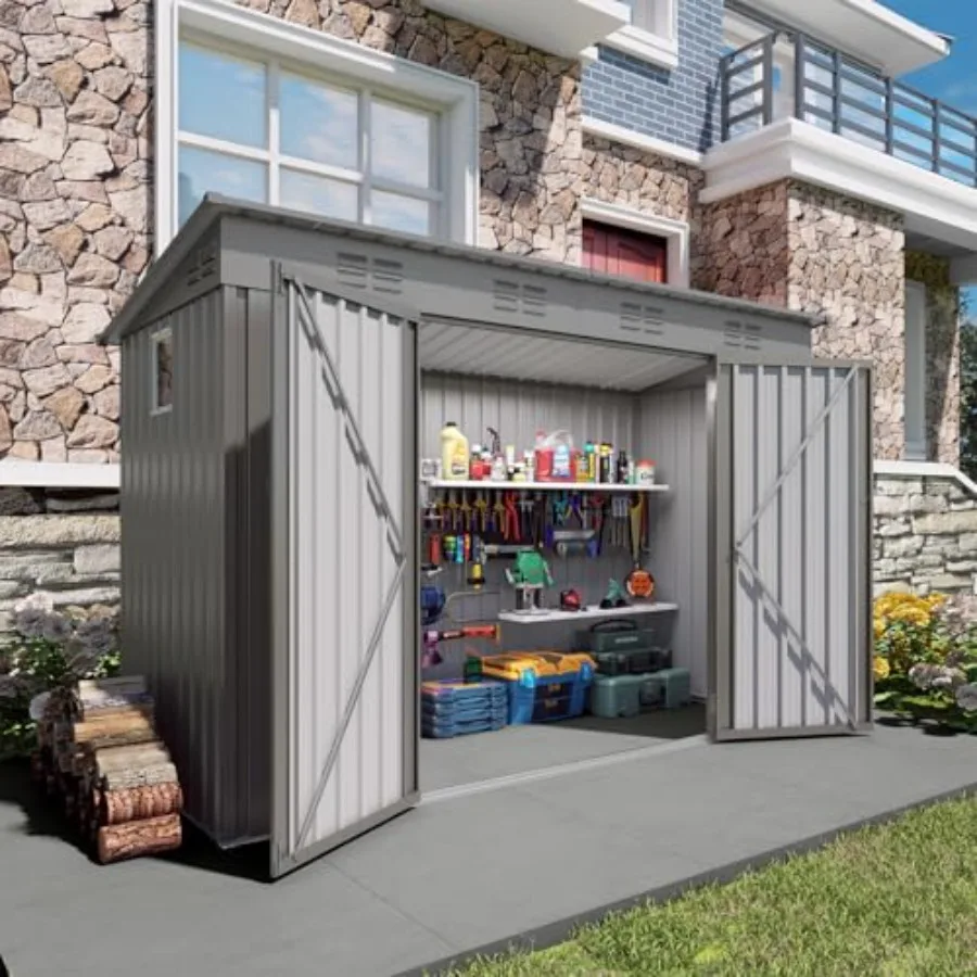 

4 x 9 FT Outdoor Storage Shed Metal Garden Shed with Sloping Roof Anti-Corrosion Storage House with 2 Vents and 1 Side Open Doo