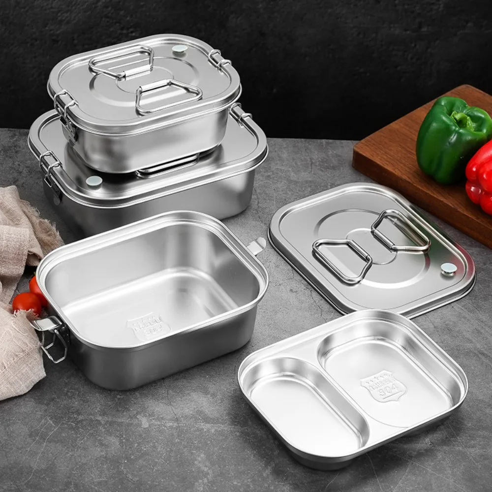 304 Stainless Steel Camping Lunch Box Double-layer Compartmental Picnic Box Rectangular Spill-proof Food Storage Box Worker