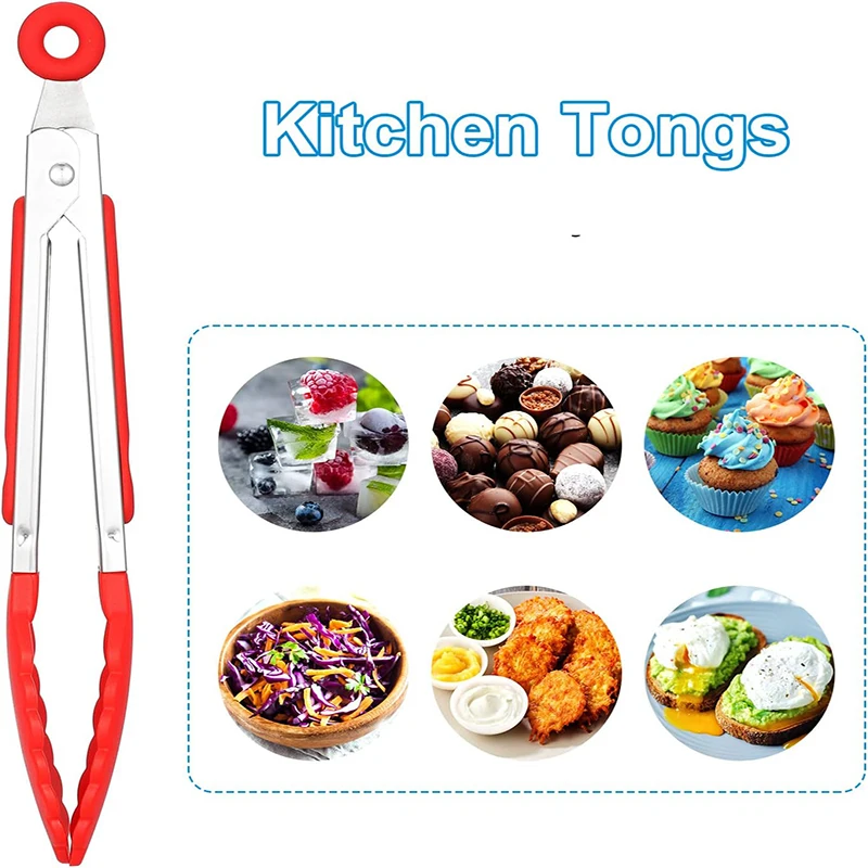 

7/9Inch Kitchen Tongs Set 3/4Pcs Stainless Steel Cooking Tongs Set with Locking Clip Non-Slip Serving Food Tong BBQ Baking Clip