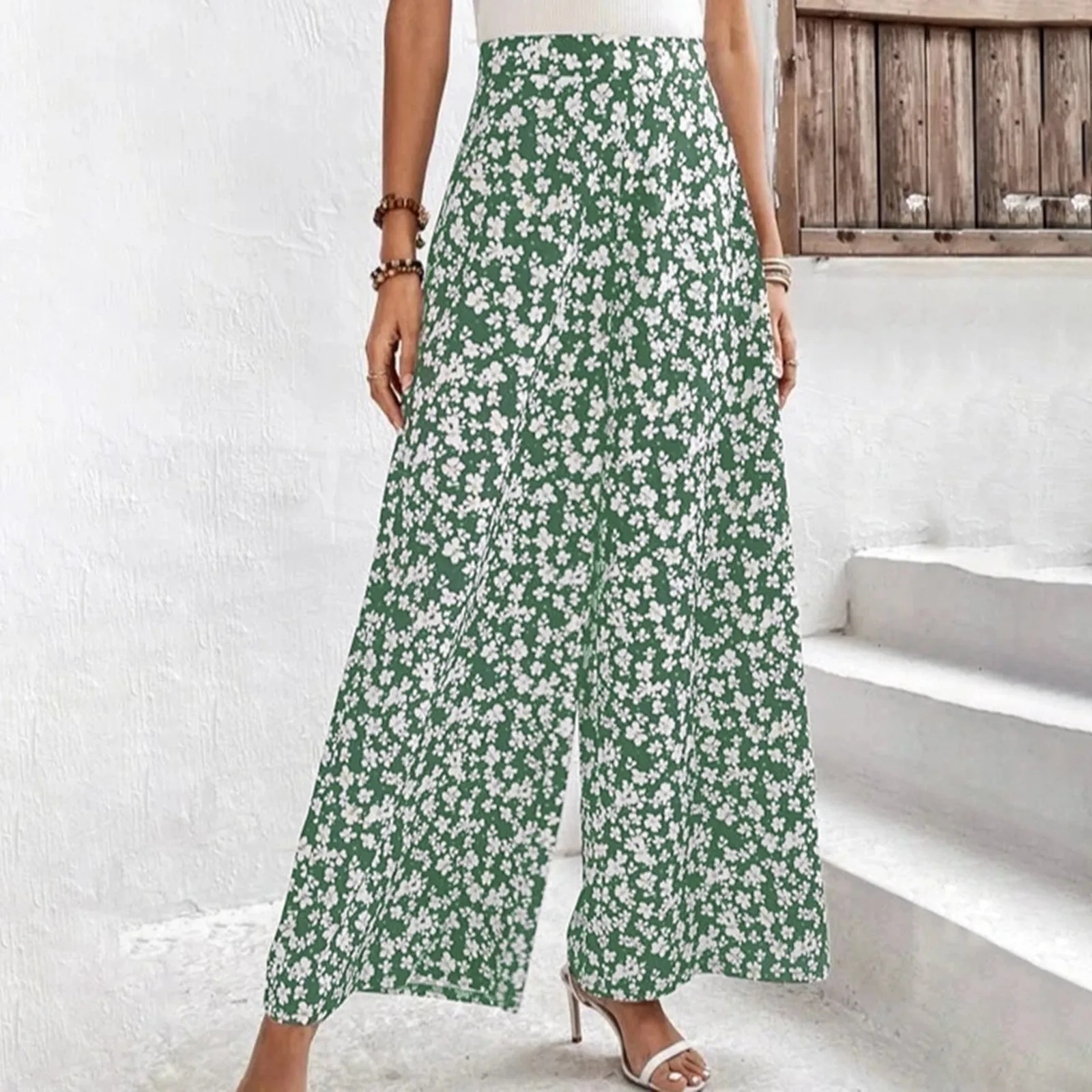 Calça curta feminina de perna larga, calça casual solta, de cintura alta, básica diária, calça fluida confortável que combina com tudo, moda floral pequena, verão