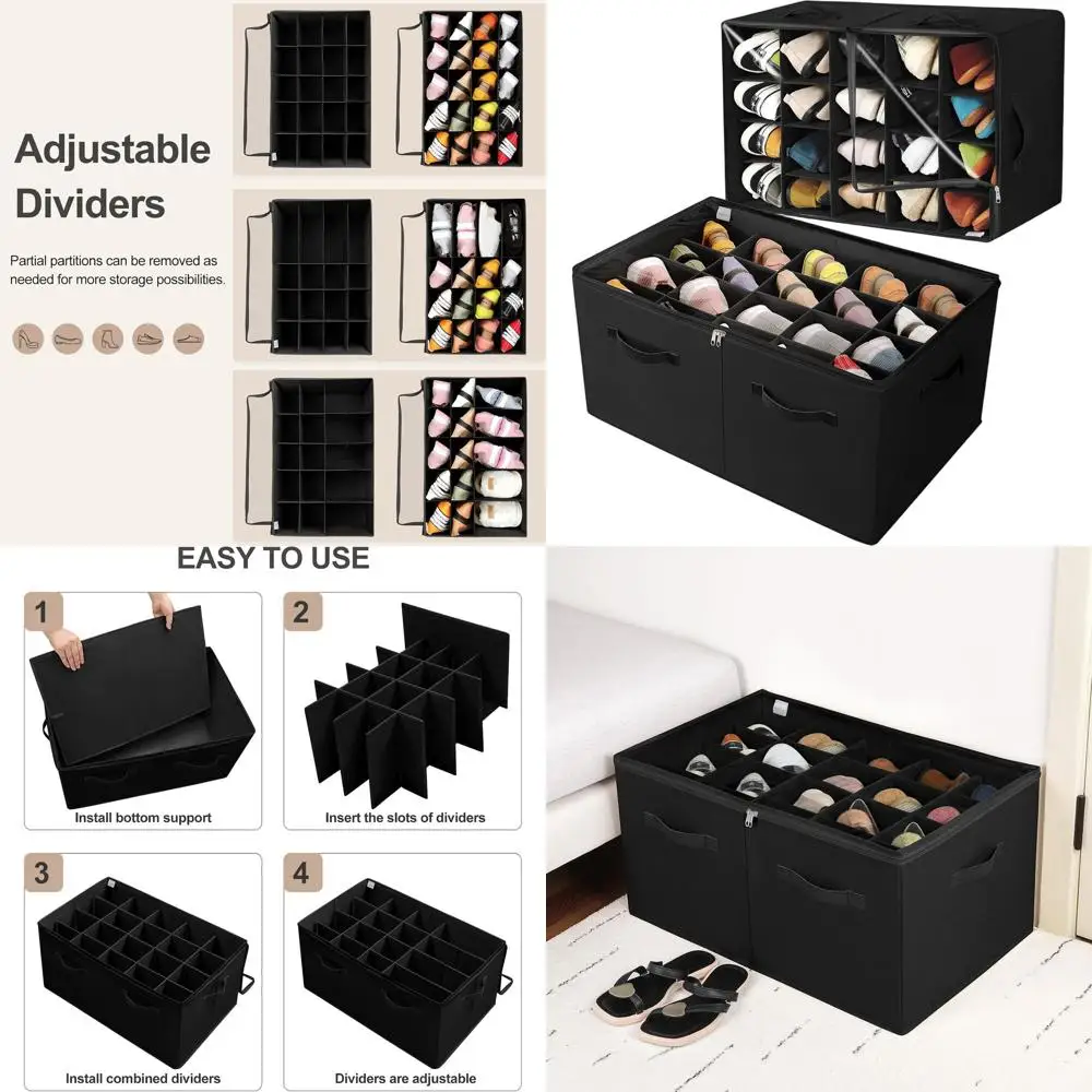 

Складные органайзеры для обуви из 2 штук с прозрачными чехлами, регулируемыми перегородками и усиленными ручками на 40 пар, черный TP11B