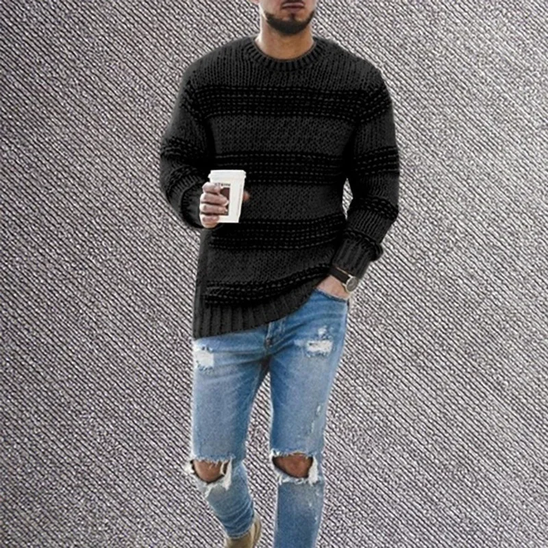 Autumn and Winter Fashion Men Simple Striped Round-neck Sweater Casual Knitted Pullover Sweaters