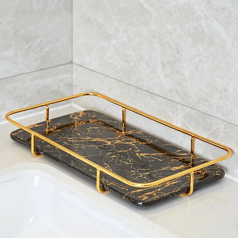 Light Luxury Ceramic Bathroom Accessories Set0 Golden Marble Texture Shower AccessoriesToothpaste Dispenser Shampoo Bottle
