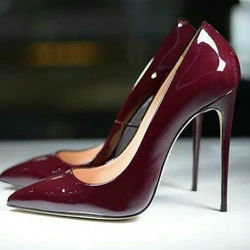 Sexy Style Burgundy Patent Leather Shallow Pumps Stilettos High Heel Women Shoes Slip-On Pointed Toe 2024 Zapatos Para Mujere