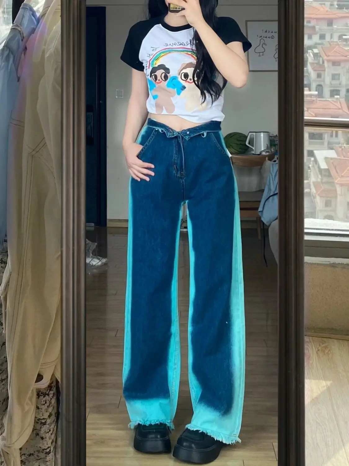 

Tie-Dyed Raw Edge Jeans High Waist Vintage Straight Baggy Pants Chic Design Gradient Color Hip Hop Denim Wide Leg Trouser