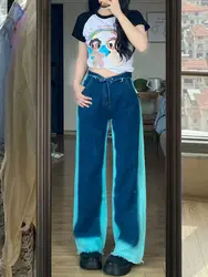 Tie-Dyed Raw Edge Jeans High Waist Vintage Straight Baggy Pants Chic Design Gradient Color Hip Hop Denim Wide Leg Trouser