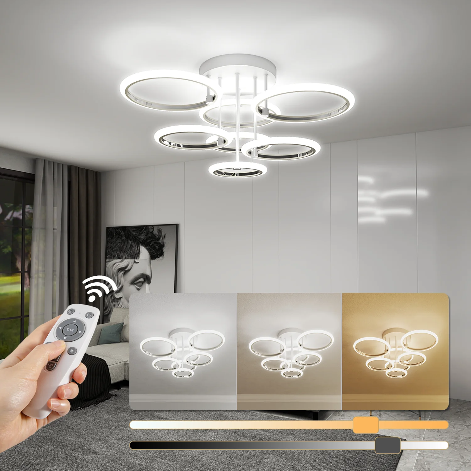 

Modern Ceiling Lights 7 Rings Dimmable Chrome LED Ceiling Light Fixtures with Remote Control Close to Ceilings Lighting