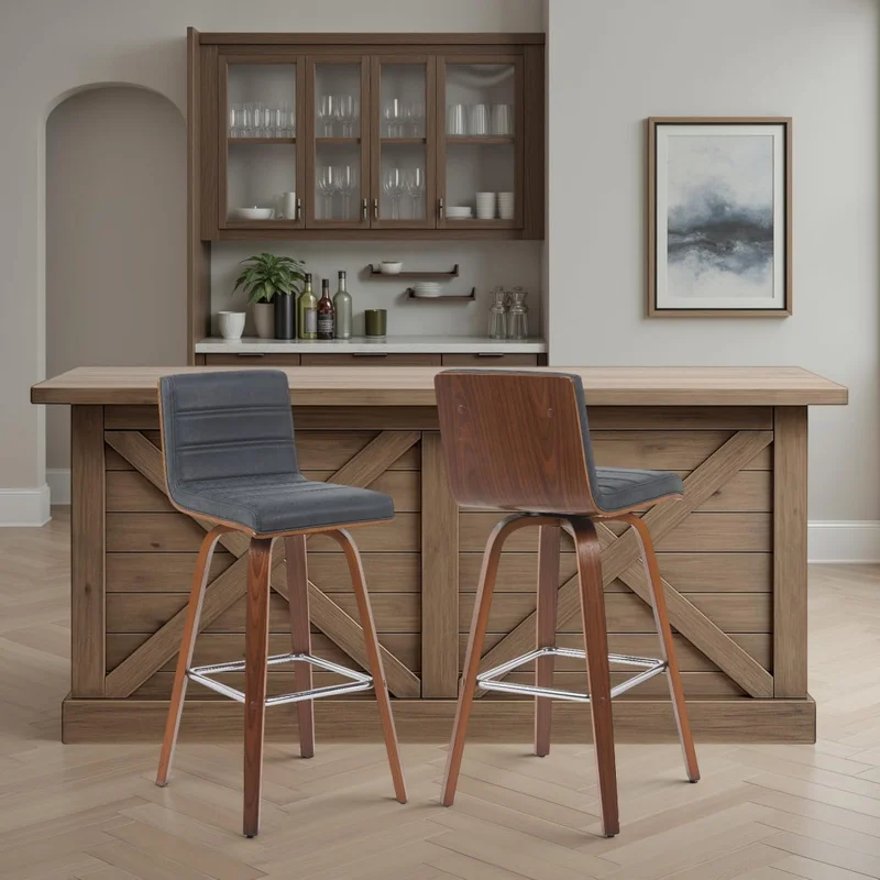 

Modern Swivel Bar Height Barstool, 30 Vintage Black Faux Leather Counter Stool with Premium Walnut Wood Home Bar