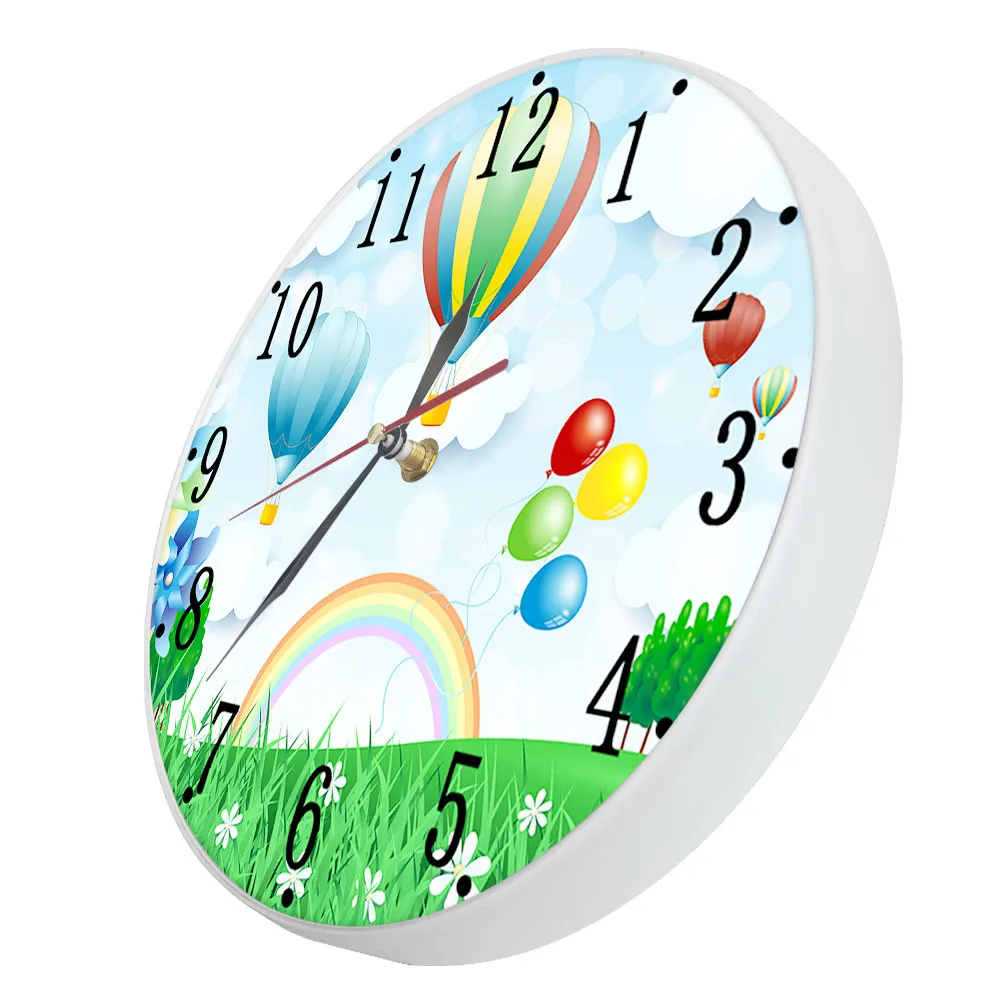 Hot Air Balloons Cartoon Design Wall Clock For Kids Room Silent Non Ticking Print Wall Watch Spring Landscape Nursery Art Decor image 4