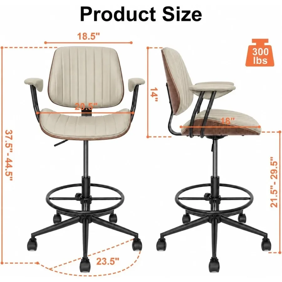 Drafting Chair with Arms, Bentwood Backrest Footrest Ring, Tall Office Chair for Standing Desk, Adjustable Height PU Leather De