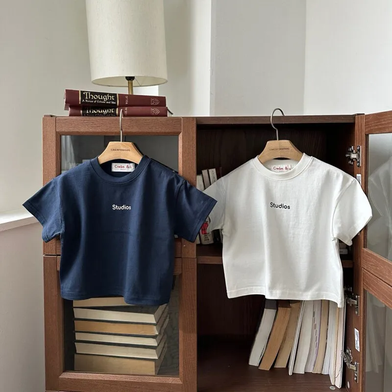 

2026 Summer New Children Short Sleeve T Shirts Cotton Boys Girls Letter Print Tee Baby Simple Casual T Shirts Kids Clothes
