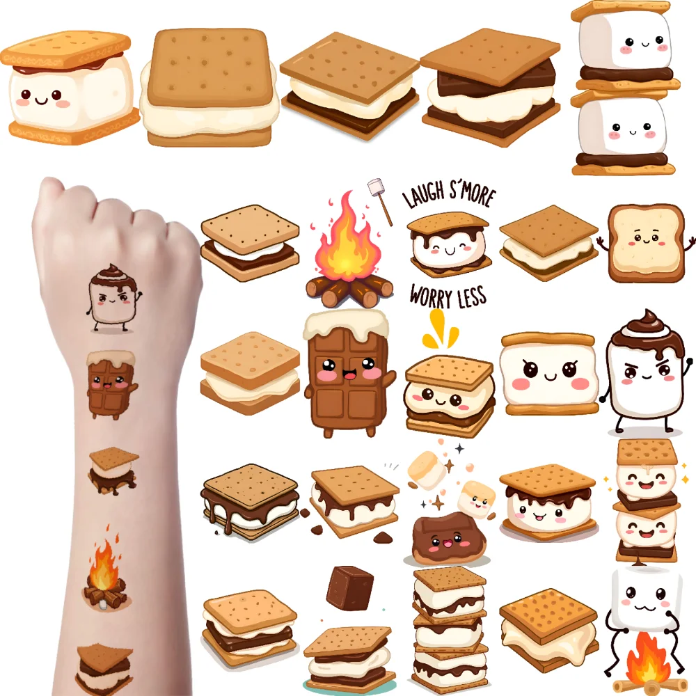 

63pcs Temporary Tattoo Cute Marshmallow Temporary Tattoo Stickers Campfire Cartoon Smores Characters For Shoulders