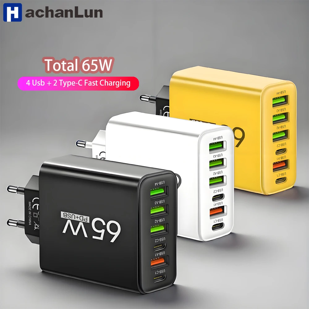 Общая 65 Вт 6 в 1 4 USB 2 Type C Быстрая зарядка Быстрое настенное зарядное устройство для iPhone Samsung Huawei Xiaomi Oppo Адаптер для мобильного телефона