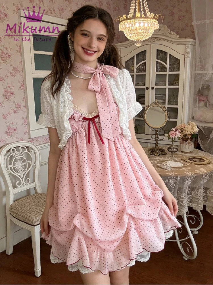 Mikumn Y2K Japanse Meisjes Zoete Kawaii Roze Polka Dot Jurk Harajuku Zomer Vrouwen Mouwloze Spaghetti Ruches Mini Jurk - afbeelding 2
