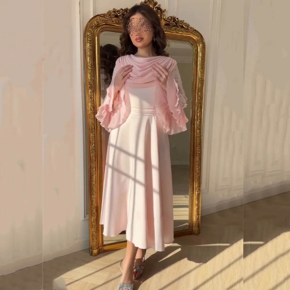 

Customized Grace Evening Glitter Flare Sleeve O-Neck Draped A-line Midi Dresses Bespoke Occasion Elegant Party Gown High Quality