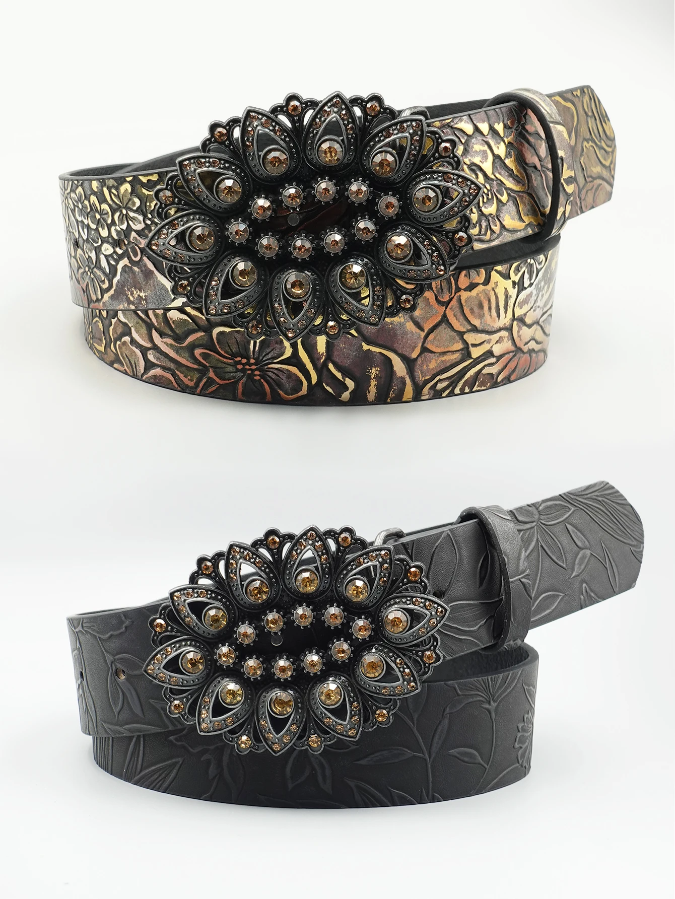 Elegant Retro Black Rhinestone Inlaid Women's Belt with Leaf Pattern Printed Belt, Classic Decoration, Fashionable Casual Belt