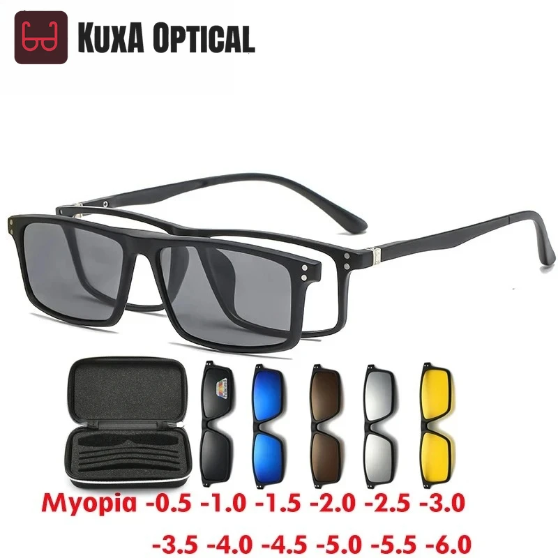 

Магнитные солнцезащитные очки Xuka для близорукости, мужские поляризационные клипсы 6 в 1, женские квадратные очки, сверхлегкие очки ночного видения -0,5 до -10