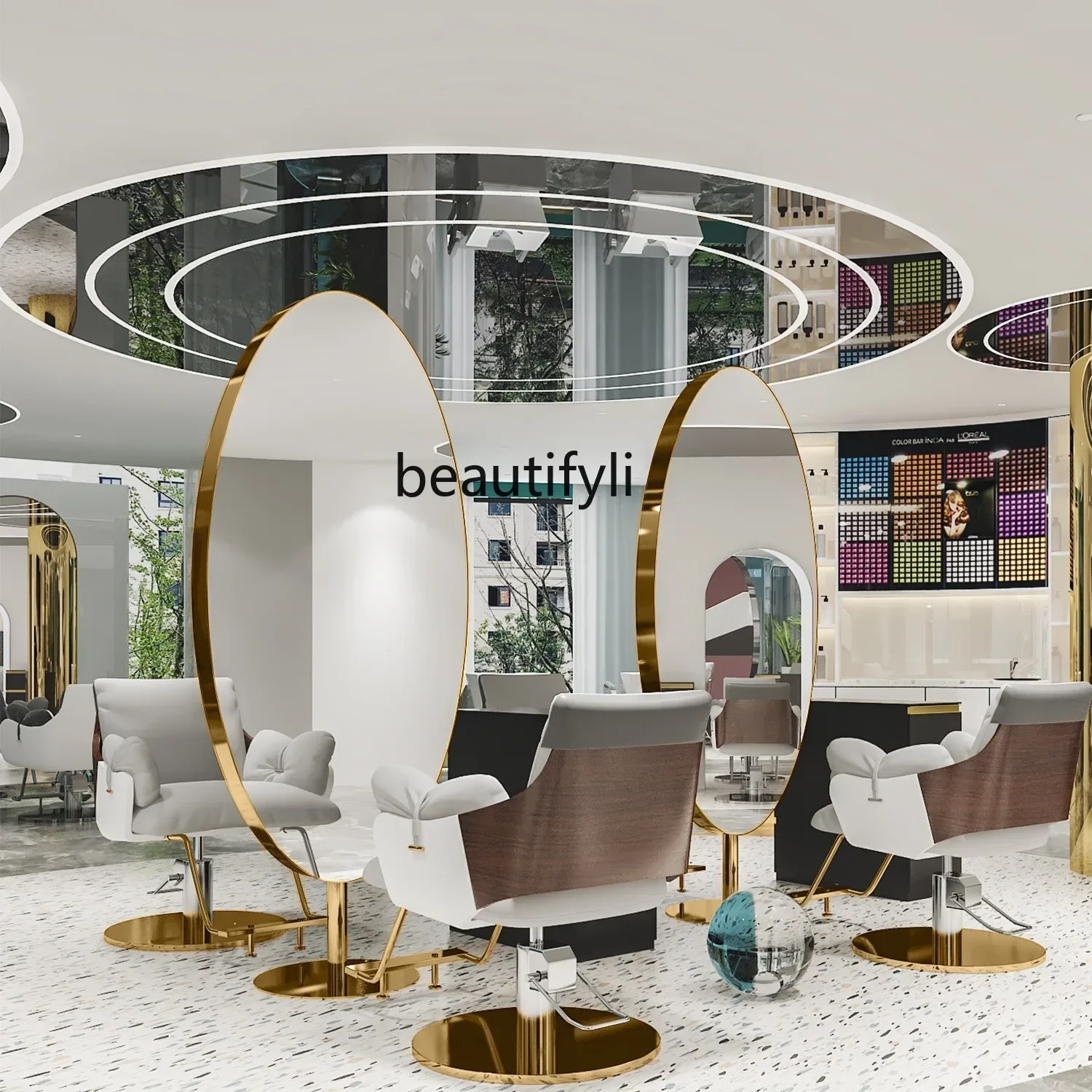 

A44 Barber shop mirror table stainless steel floor mirror whole body, hair salon special hair double-sided mirror with light led