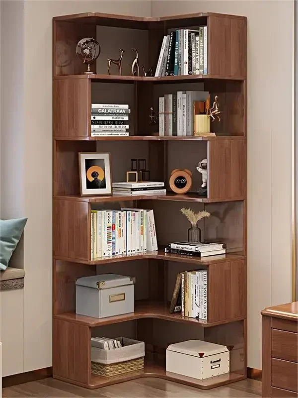 Solid wood corner bookcase, household shelf, wall corner, multi-layer corner cabinet, bedroom storage, living room,