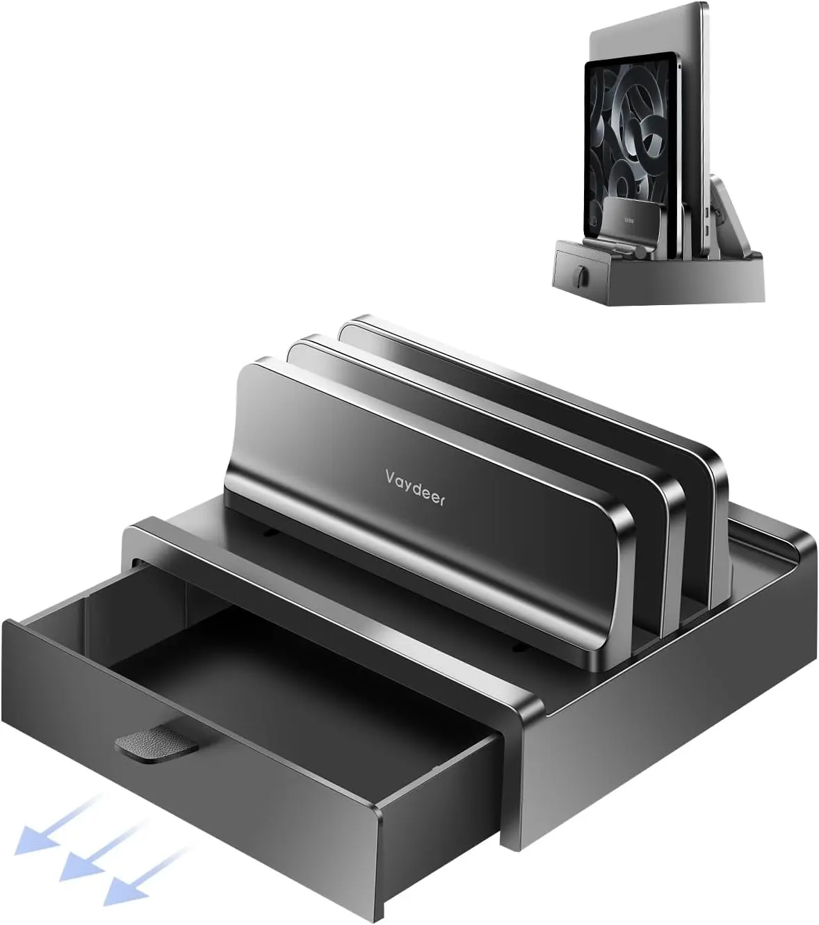 

Вертикальная подставка для ноутбука с двумя слотами и выдвижным ящиком для хранения, регулируемый органайзер для столов, экономит место