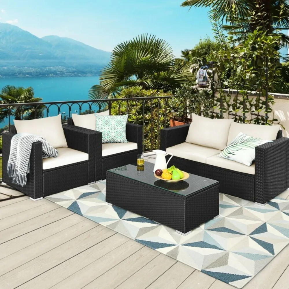 4-Pieces Patio Rattan Wicker Furniture Set Outdoor Sectional Sofa White Cushions