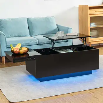 Image Top Lifting Coffee Table with Charging Station LED Light with Music Sync Remote and App Control Coffee Tables for Living Room