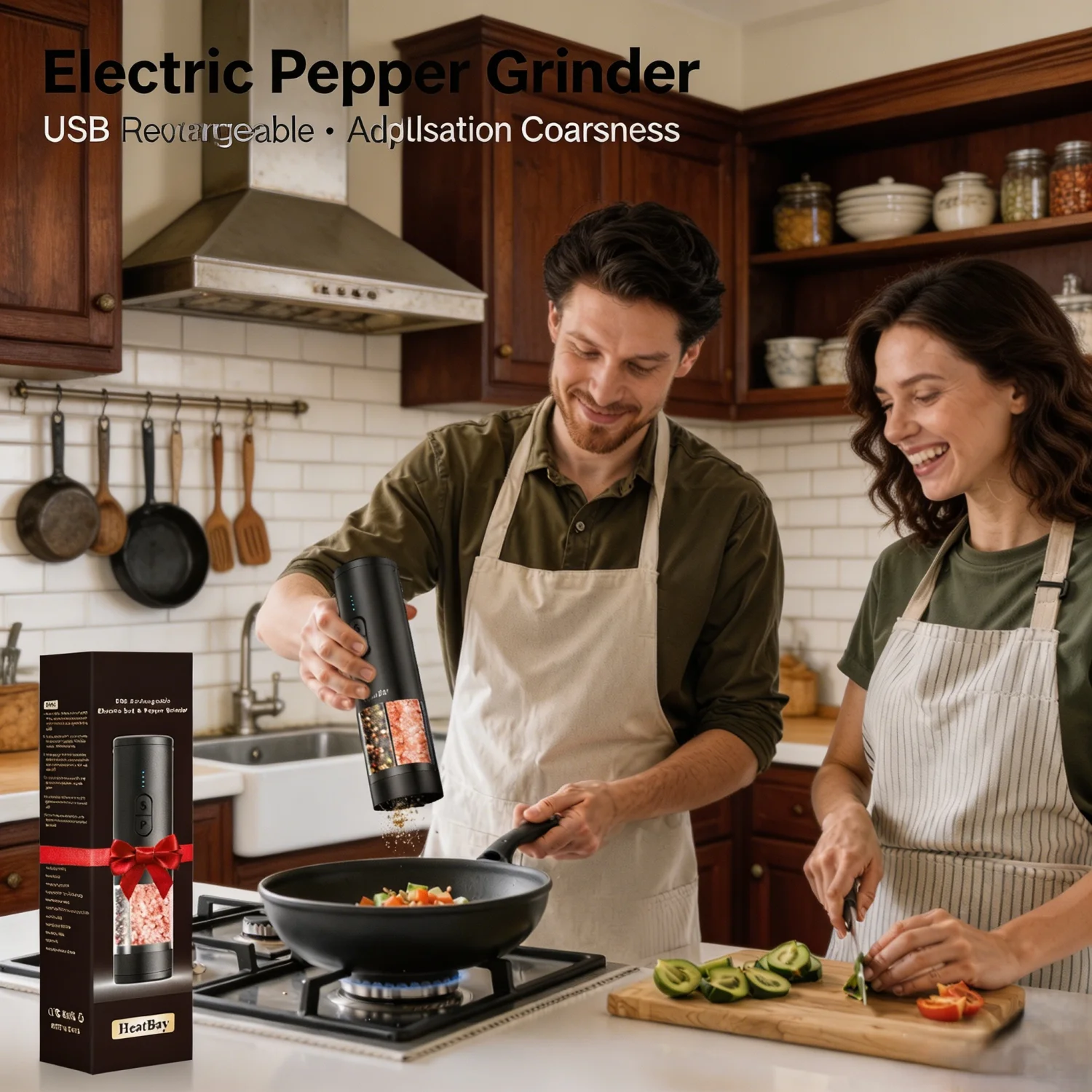 Rechargeable Pepper Grinder, LED Light, Adjustable Coarseness, Designed for One-Handed Cooking, Suitable for Home and Kitchen
