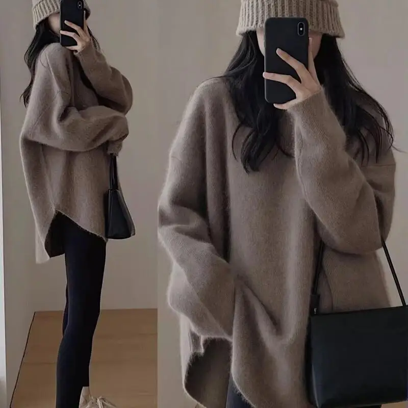 

Pullover sweater for women, autumn and winter outer wear, mid-length Japanese lazy retro slit sweater, thickened in winter