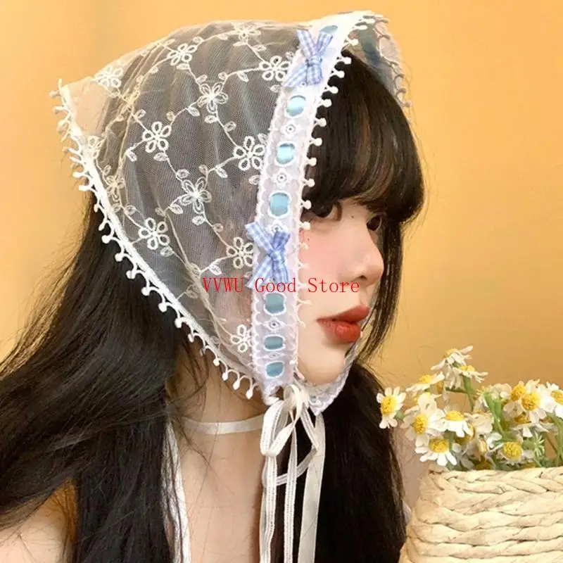 터번 레이스 두건 아나 헤어 스카프 레이스 자수 흰색 레이스 보우 노트 스터드 스터드