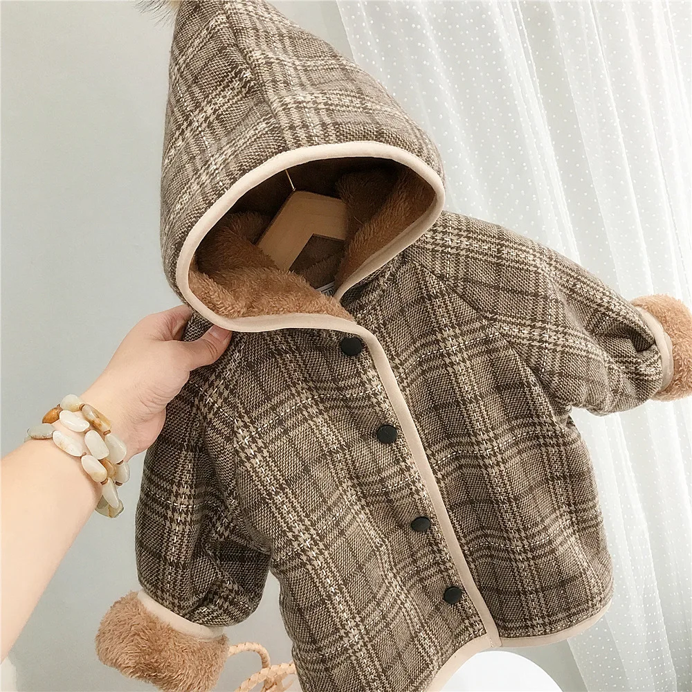 1-7T Toddler Kid Baby Boy Girl Winter Clothes Thick Plush Infant Plaid Jacket Cardigan Hooded Warm Childrens Coat Outwear