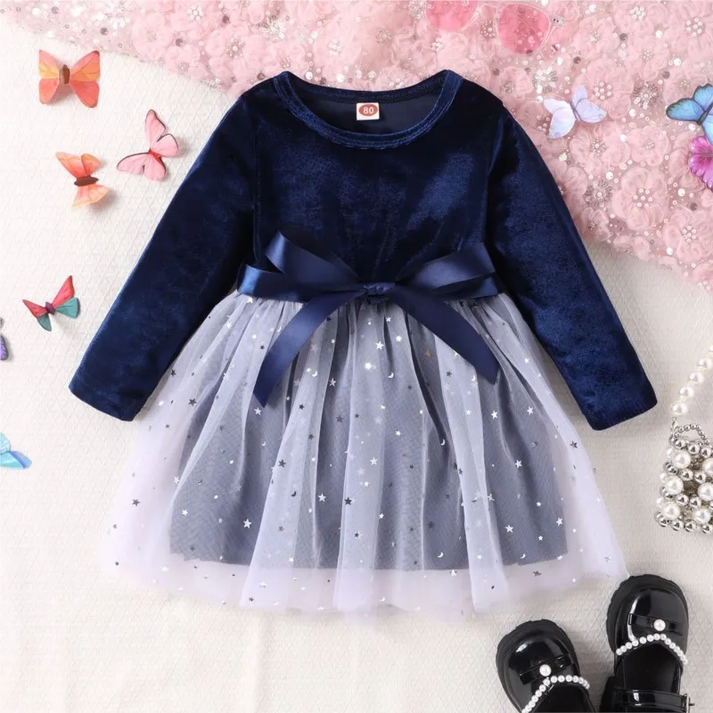 Fashion Baby Girl Princess Star Sequins Dress Mesh Infant Toddler Child Tulle Vestido Long Sleeve Xmas Party Baby Clothes 6M-5Y