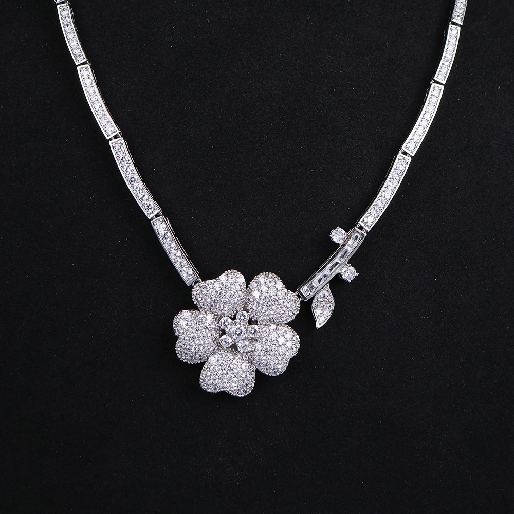 

Luxurious Delicate flower Cubic Zircon Engagement Bridal Necklace Earring Jewelry set S647