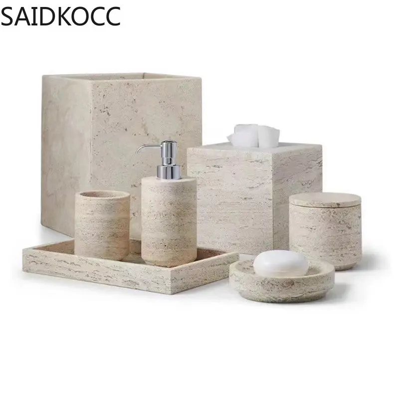 Travertine Set for Bathroom Soap Dispenser Toothbrush Holder Ashtray Aromatherapy Bottle Soap Dish Storage Tray