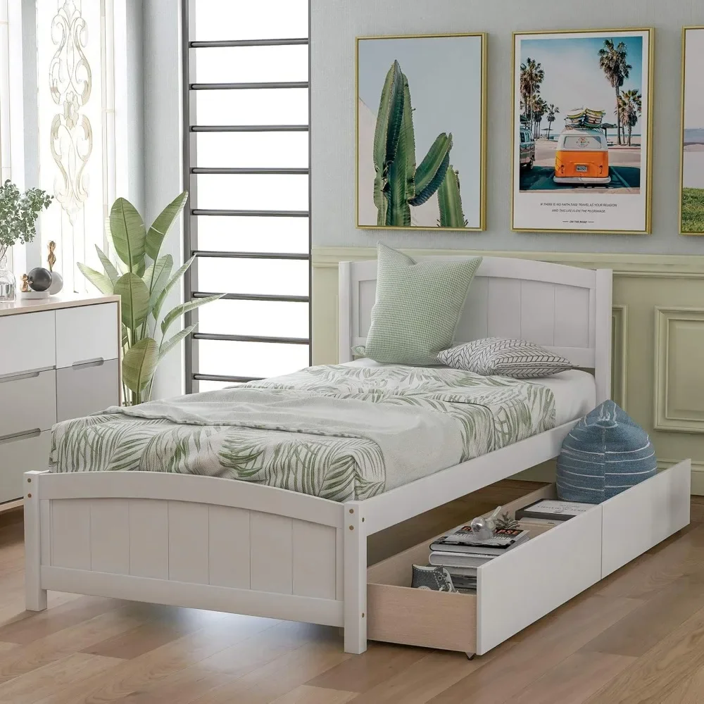 Wooden Bedstead Headboard and Tailboard Under 2 Drawers, No Spring Mattress, Wooden Batten Support, Flat Noodles Base, White