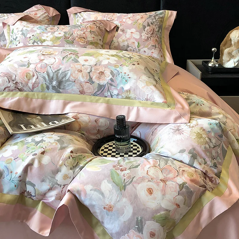 Premium 1000TC Egyptian Cotton Vintage Flowers Digital Printing Luxury Bedding Set Duvet Cover Flat Bed Sheet Pillowcases