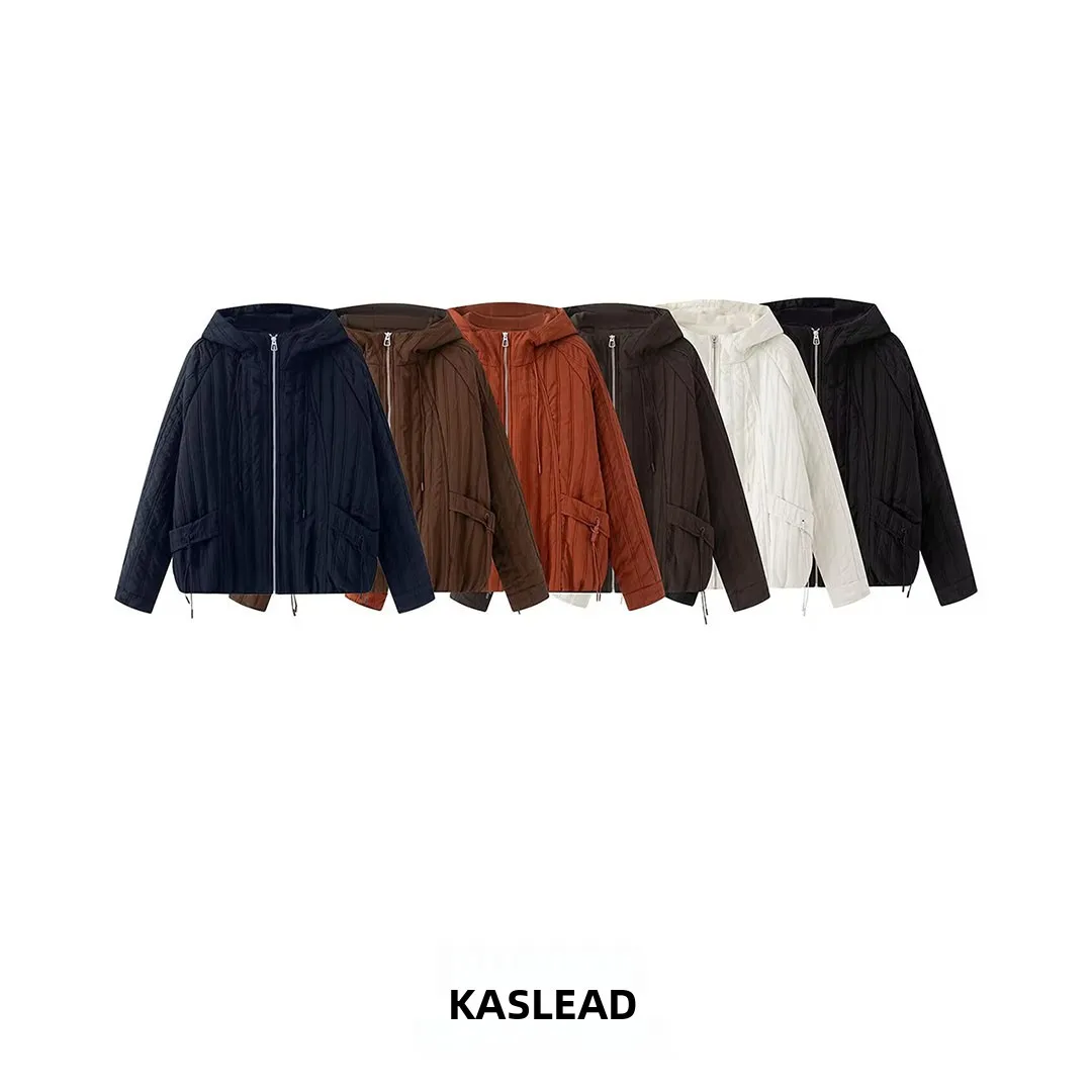 KASLEAD New Women's Fashion Stripe Pattern Double Line Hooded Cotton Jacket Versatile Style Autumn Season European Trend