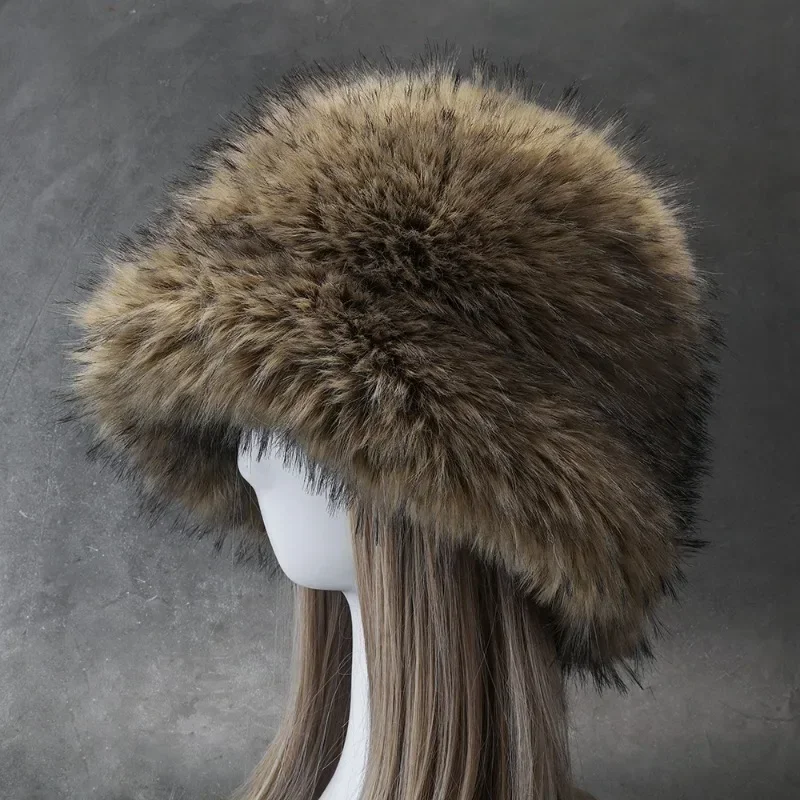 New Retro Plush Fuzzy Warm Fisherman Hat Women Luxury Fluffy Faux Fur Bucket Hats Thickened Imitation Raccoon Fur Winter Hat Y2k