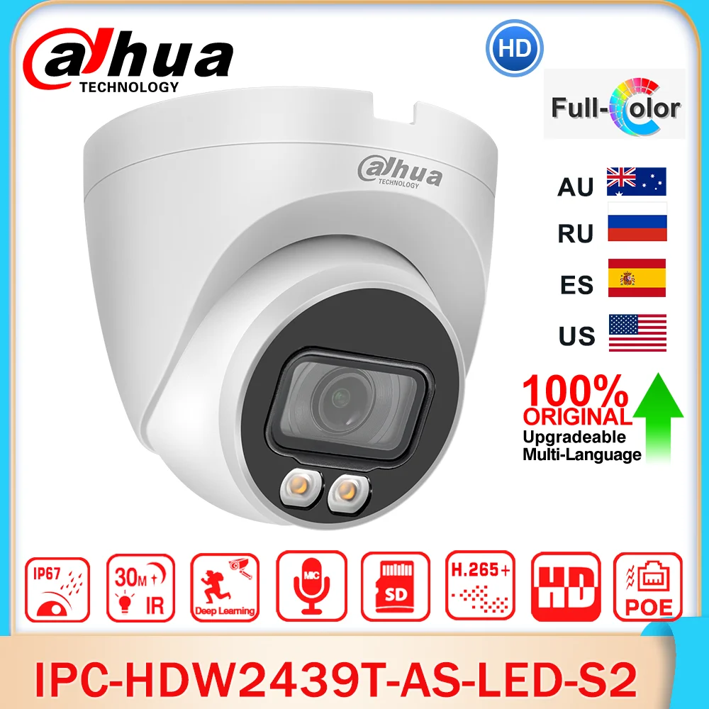 Dahua Original IPC-HDW2439T-AS-LED-S2 4MP Lite Full-Color Fixed Eyeball Network IP Camera IVS Built-in MIC SD Slot POE IP67 CCTV