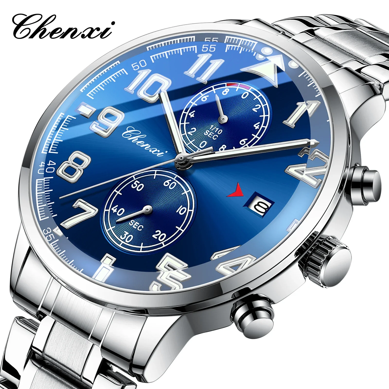 CHENXI 9073 럭셔리 쿼츠 남성용 시계 달력 방수 발광 크로노그래프 남성용 시계